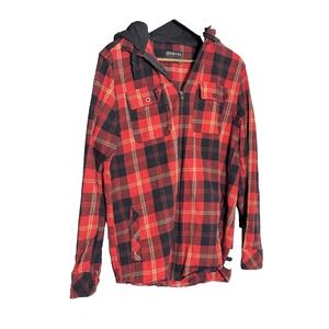 Empyre‎ Shacket Men M Red Plaid Flannel Zip Up Hooded Shirt Skater Scene biker